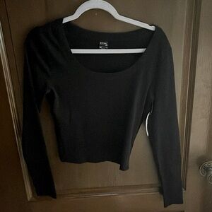 black scoop neck shirt